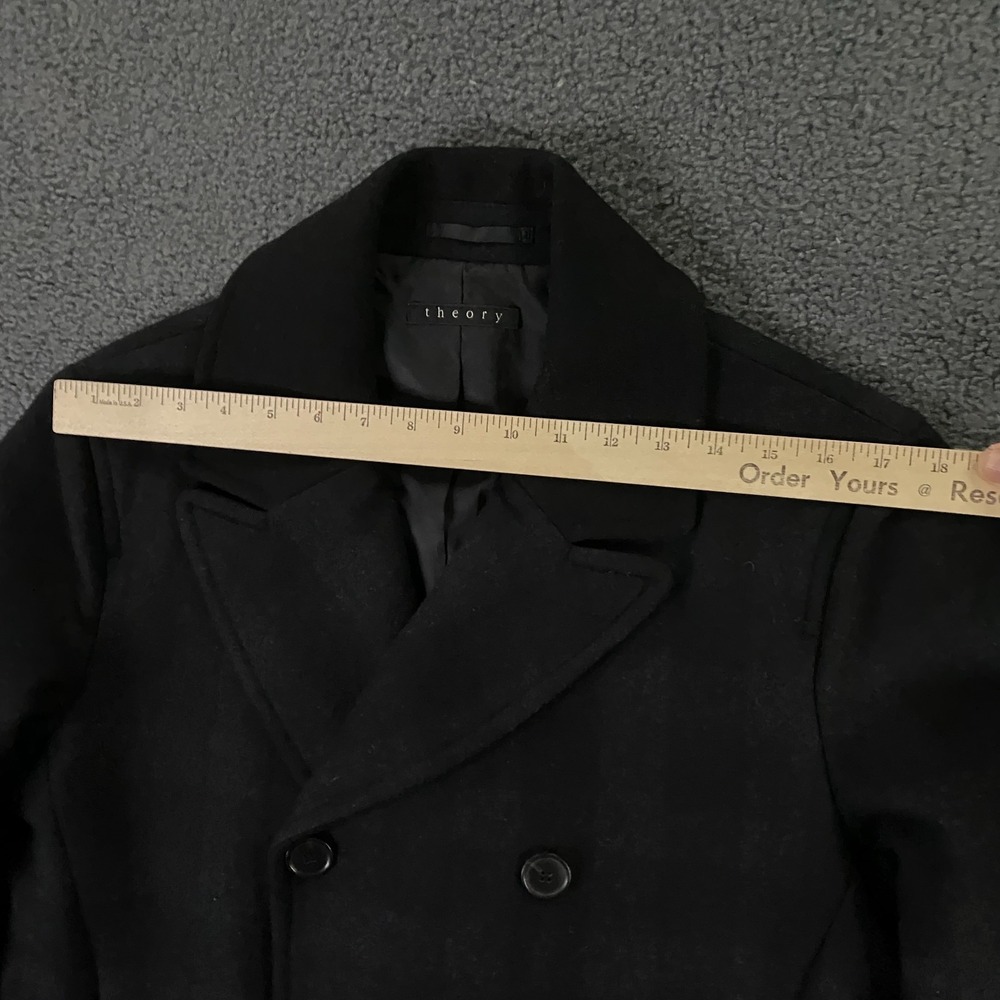 Theory Pea Coat Mens Small Black Plaid Double Breasted Wool Navy Naval Dock - Picture 9 of 12